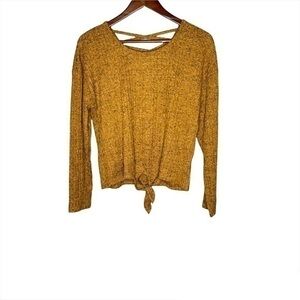 Almost famous yellow speckled stretchy criss cross X back long sleeve sweater